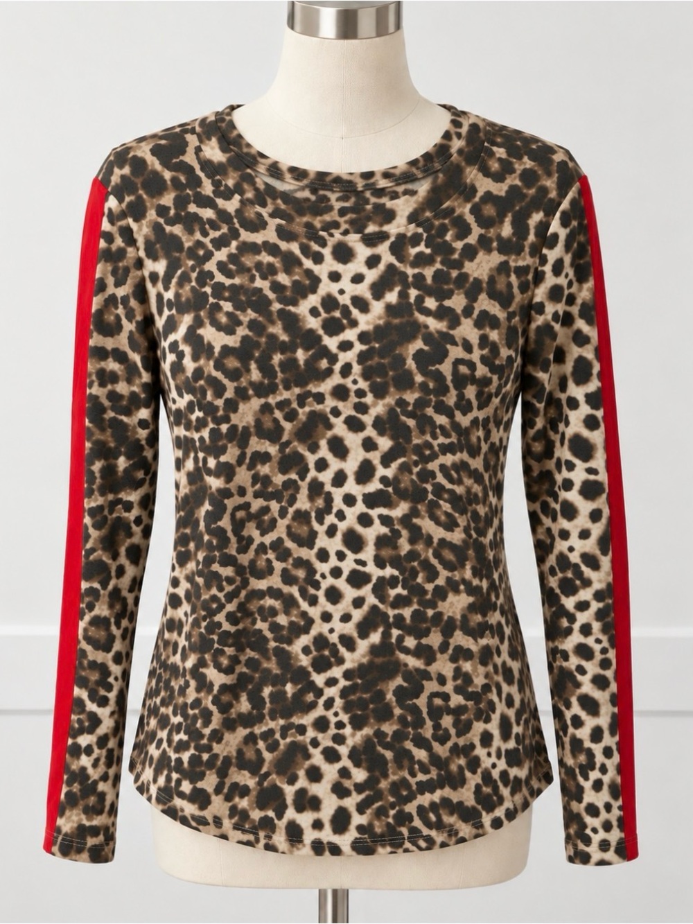 bobeau Leopard Print Long Sleeve Top with Red Sleeve Stripe